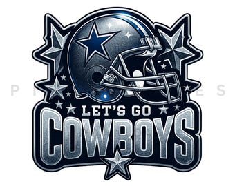 May include: A navy blue and silver graphic featuring a football helmet with a star logo, surrounded by stars. The text "LET'S GO COWBOYS" is displayed in silver, with a star above each word. The design is set against a white background.