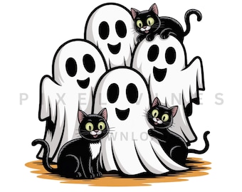 Retro Halloween-spöke och katt png, läskigt spöke png, preppy blommig Halloween-png, bu Halloween-png, rolig Halloween-png, svart katt-png