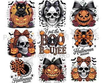 Coquette Halloween Skull Bow Pumpkin Png Bundle, Retro Halloween Png, Girly Halloween Png, Fall Shirt Png, Spooky Season Sublimation Design