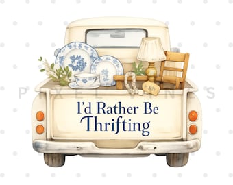 I’d Rather Be Thrifting PNG, Vintage Thrift Shirt Design, Blue & Gold Antique Truck Graphic, Boutique Thrifting PNG, Retro Cottagecore