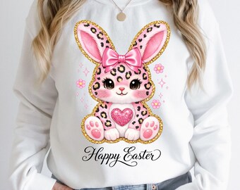 Joyeuses Pâques imprimé léopard lapin Png, coquette rétro lapin de Pâques Png, coquette de Pâques PNG, coeur paillettes lapin de Pâques Png téléchargement numérique