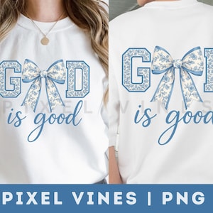 Dios es bueno, chinoiserie azul PNG, lazo coqueto PNG, flores religiosas digitales, clipart imprimible, letras de Toile College, diseño de camiseta de fe