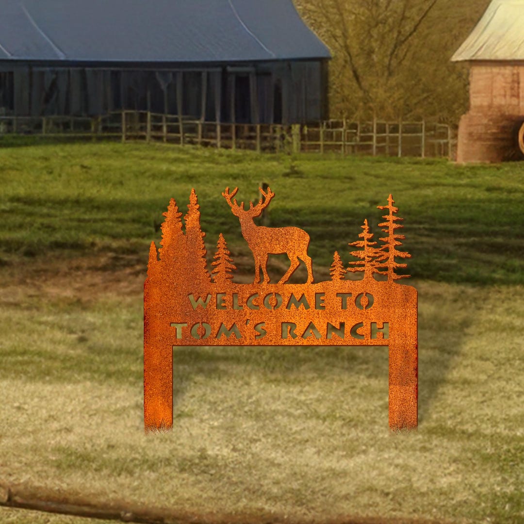 Deer Ranch Sign Personalized – Corten Steel Forest Stake for Farm ...