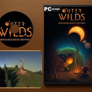 Ensemble hommage à Outer Wilds | Vitrine inspirée du jeu PC + Disque factice et mini poster (sans jeu)