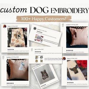 Könnte beinhalten: Bild mit Beispielen für individuelle Hunde-Stickereien. Die Abbildung zeigt gestickte Hundeporträts auf Artikeln wie Kissen und Handtüchern. Der Text lautet "100+ Happy Customers!" und enthält Kundenbewertungen.