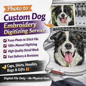 Könnte beinhalten: Werbung für individuelle Stickdigitalisierungsdienste für Hunde. Das Bild zeigt ein lächelndes Hunde-Stickdesign, ein Foto eines Hundes und den Text "Photo to Custom Dog Embroidery Digitizing Service."