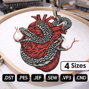 May include: Embroidered design featuring a red anatomical heart intertwined with two gray and black snakes. The design is on white fabric, held in a wooden embroidery hoop. Text indicates "4 Sizes" and various file formats.