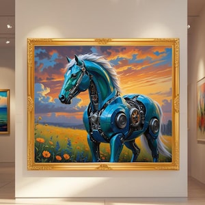 Puede incluir: Una gran pintura enmarcada de un caballo mecánico en un campo de flores silvestres. El caballo es de un color verde azulado vibrante con detalles metálicos. El fondo presenta una puesta de sol con tonos naranjas y amarillos.