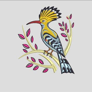 May include: Embroidered design of a colourful bird perched on a branch with pink leaves. The bird features yellow, black, blue, and red details. The branch is a light tan colour, set against a light grey background.
