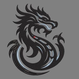 May include: Black and white tribal dragon design with intricate details. The dragon is curled up in a circular shape with its head facing the right.