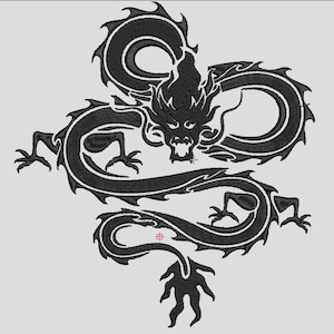 May include: Black embroidered dragon design with white outline. The dragon is depicted in a stylized, symmetrical pose, with intricate details in its scales, claws, and facial features. The design is suitable for apparel or home decor.