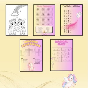 May include: A printable activity bundle featuring unicorn-themed activities for kids. The bundle includes a colouring page, a word search, a crossword puzzle, a maze, and addition problems. The activities are designed to spark imagination and learning.