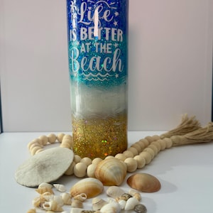Custom Beach Themed Glitter Tumbler – Ocean-Inspired Cup, Tropical Epoxy Tumbler, Personalized 20oz/30oz Stainless Steel Mug, Summer Gift