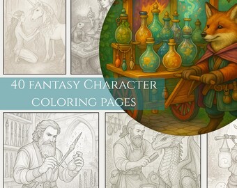 May include: A selection of fantasy character coloring pages. The image shows a fox character with a cart of colourful potion bottles. The text on the image reads "40 Fantasy Character Coloring Pages". Other panels show line art of fantasy characters.