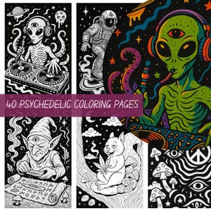 40 Psychedelic Fantasy Coloring Pages | Digital Download | Trippy Mushroom, Magic Mushroom Coloring Book for Adults | Grayscale Art