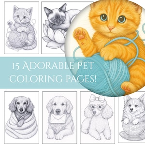 15 Kitten & Puppy Coloring Pages | Cat and Dog Coloring Book PDF for Adults and Kids | Cute Animal Coloring Sheets | Printable Pet Art