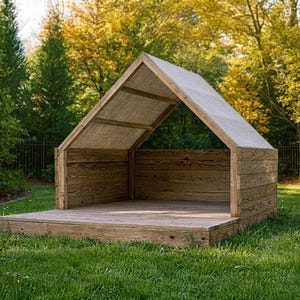 May include: A wooden playhouse with a gabled roof and a small deck. The structure is made of natural wood and has a canvas roof. It is set on a grassy lawn with trees in the background.