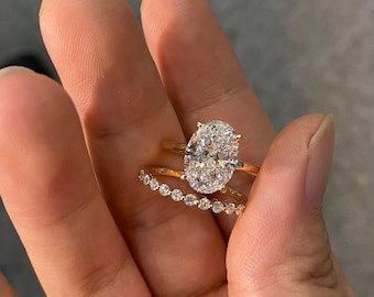 3 Ct Oval Solitaire Hidden Halo Engagement Ring With Matching Eternity Band