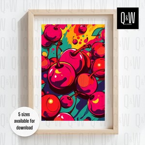 Cherry Pop Art Printable Poster – Bold Fruit Digital Wall Art, Modern Colorful Kitchen Decor, Comic-Inspired Download for Home