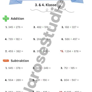 Mathe Arbeitsblätter 3. & 4. Klasse Addition, Subtraktion, Multiplikation und Division – PDF zum Ausdrucken Back to School Lernmaterial