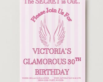 Victoria's Secret Birthday Invitation Template | Editable Canva Invite | Pink Striped Party Printable | Angels Theme Bachelorette / Birthday