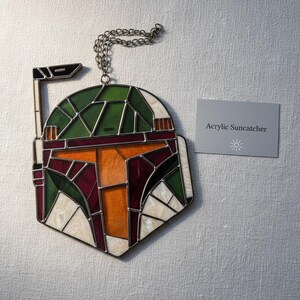 Boba Fett Helmet Acrylic Suncatcher | Star Wars Fan Art Window Hanging | Mandalorian Decor | Sci-Fi Geek Gift | Faux Stained Glass image 8
