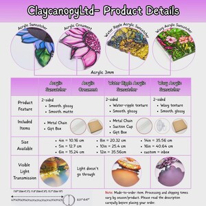 May include: ClaycanopyLtd product details chart displaying acrylic suncatchers and ornaments. Features include 3mm acrylic, metal chains, suction cups, and gift boxes. Available sizes range from 4 inches to 16 inches with various textures.