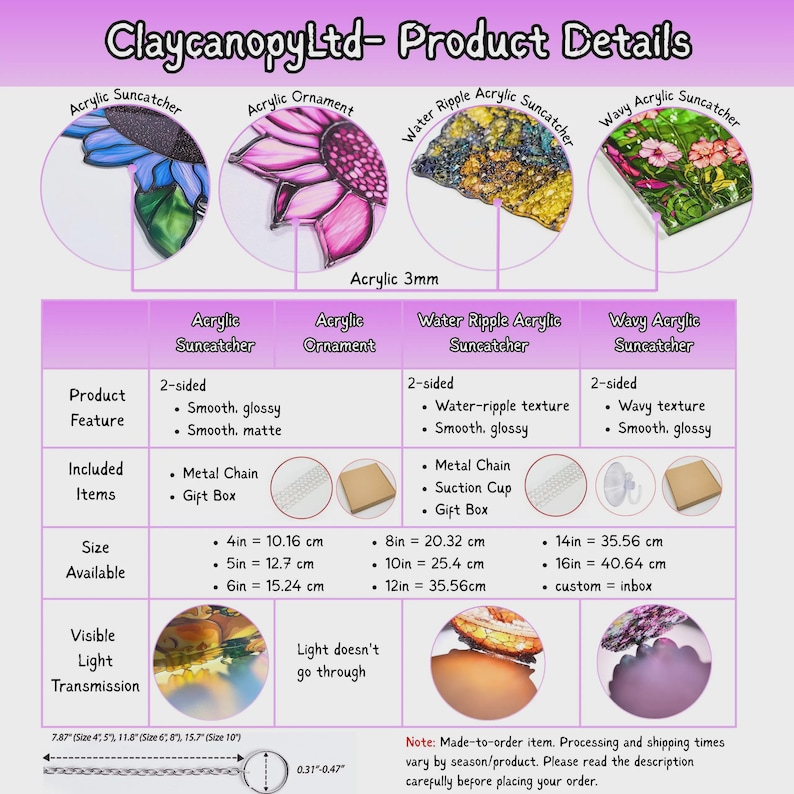May include: ClaycanopyLtd product details chart displaying acrylic suncatchers and ornaments. Features include 3mm acrylic, metal chains, suction cups, and gift boxes. Available sizes range from 4 inches to 16 inches with various textures.