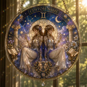 Zwilling Sternzeichen Acryl Suncatcher, personalisierter Faux Buntglas Fensterbehang, benutzerdefinierter Name himmlische Kunst, Horoskop Geburtstagsgeschenk