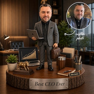 May include: A custom bobblehead figurine of a man in a grey suit holding a laptop and briefcase, standing on a wooden base with a metal plaque reading Best CEO Ever. Includes a gold bull statue, a laptop with a graph, and a desk organiser set.