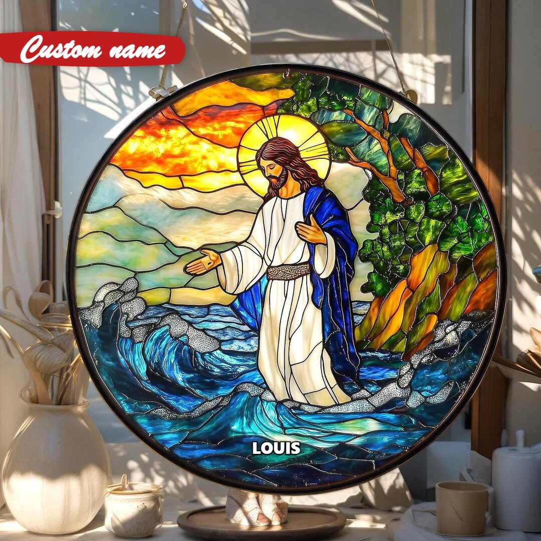 Jesus Walking on Water Glass Suncatcher, Faux Stained Glass Window ...