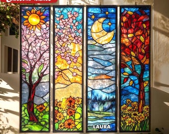 Four Seasons Landscape Acrylic Suncatcher,  Faux Stained Glass Nature Window Hanging Decor, Colorful Home Gift For Art Lovers