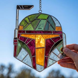 Boba Fett Helmet Acrylic Suncatcher | Star Wars Fan Art Window Hanging | Mandalorian Decor | Sci-Fi Geek Gift | Faux Stained Glass image 4