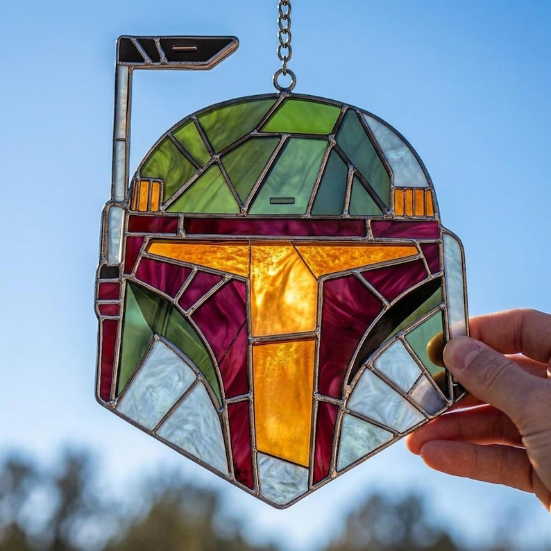 Boba Fett Helmet Acrylic Suncatcher | Star Wars Fan Art Window Hanging | Mandalorian Decor | Sci-Fi Geek Gift | Faux Stained Glass image 4