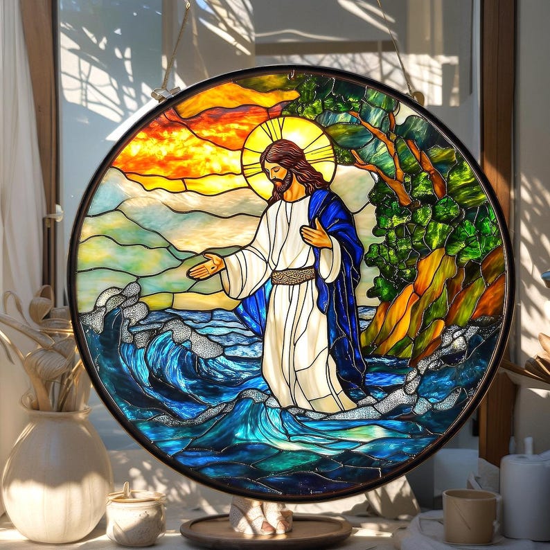 Jesus Walking on Water Glass Suncatcher, Faux Stained Glass Window ...