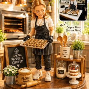 Pode incluir: Uma estatueta personalizada de padeiro com avental preto às riscas e ténis brancos, segurando um tabuleiro de bolachas. Inclui um quadro com BAKING HAPPINESS EVERY DAY, um saco de farinha e uma placa com THE BEST KIND OF BAKER MAKES LIFE SWEETER Happy Father's Day!