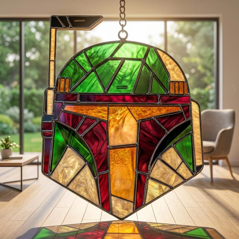 May include: A stained glass suncatcher shaped like a helmet with a rangefinder. The piece features geometric panels in shades of green, deep red, and amber, held together by dark metal solder lines. It hangs from a small metal chain at the top.
