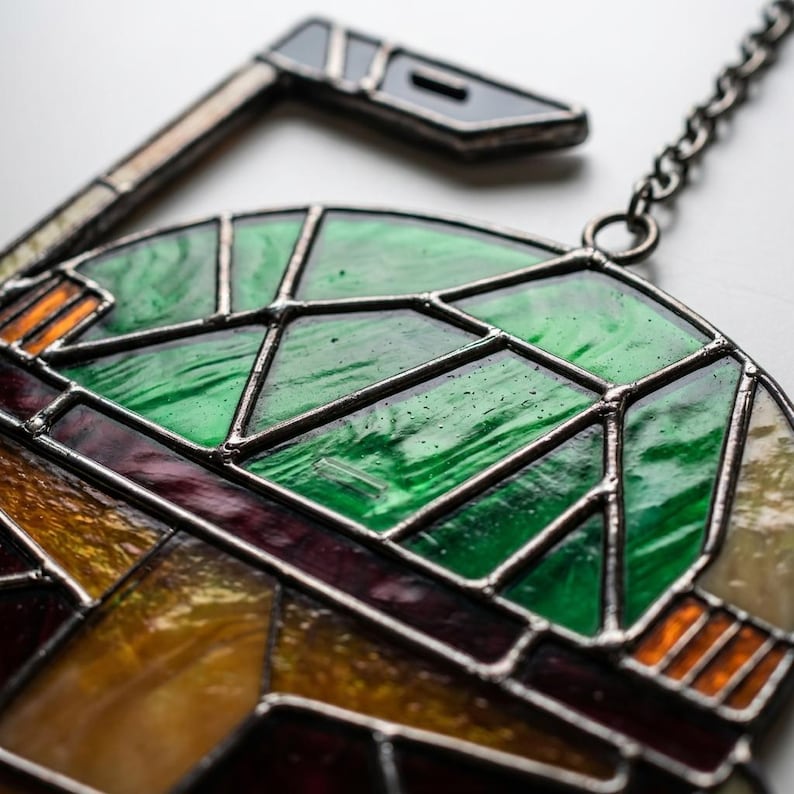 Boba Fett Helmet Acrylic Suncatcher | Star Wars Fan Art Window Hanging | Mandalorian Decor | Sci-Fi Geek Gift | Faux Stained Glass image 5