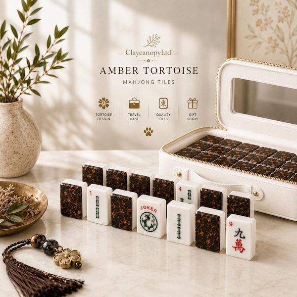 Amber Tortoise Mahjong Tiles 166 Piece Set | 1.4"x1.0"x0.6" American Acrylic Mahjong Tiles | Premium Travel Case Included