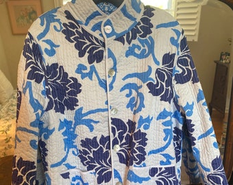 Patty Kim Reversible Quilted Jacket/Size LARGE/ Cotton Blue and White Print/ By Gatormom13