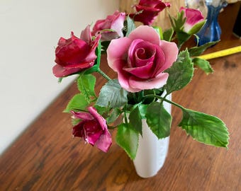 Vtg Porcelain Pink Roses - White Pink Roses Long Stem - Bone China