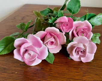 Vintage Pink Roses, Porcelain Ceramic Flowers, Mixed Materials, c.1960s Japan/Italy