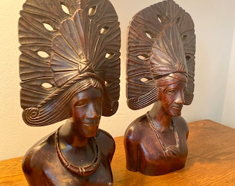 Balinese Wooden Bust Sculptures, PAIR Carved Goddess Pair, By Gatormom13