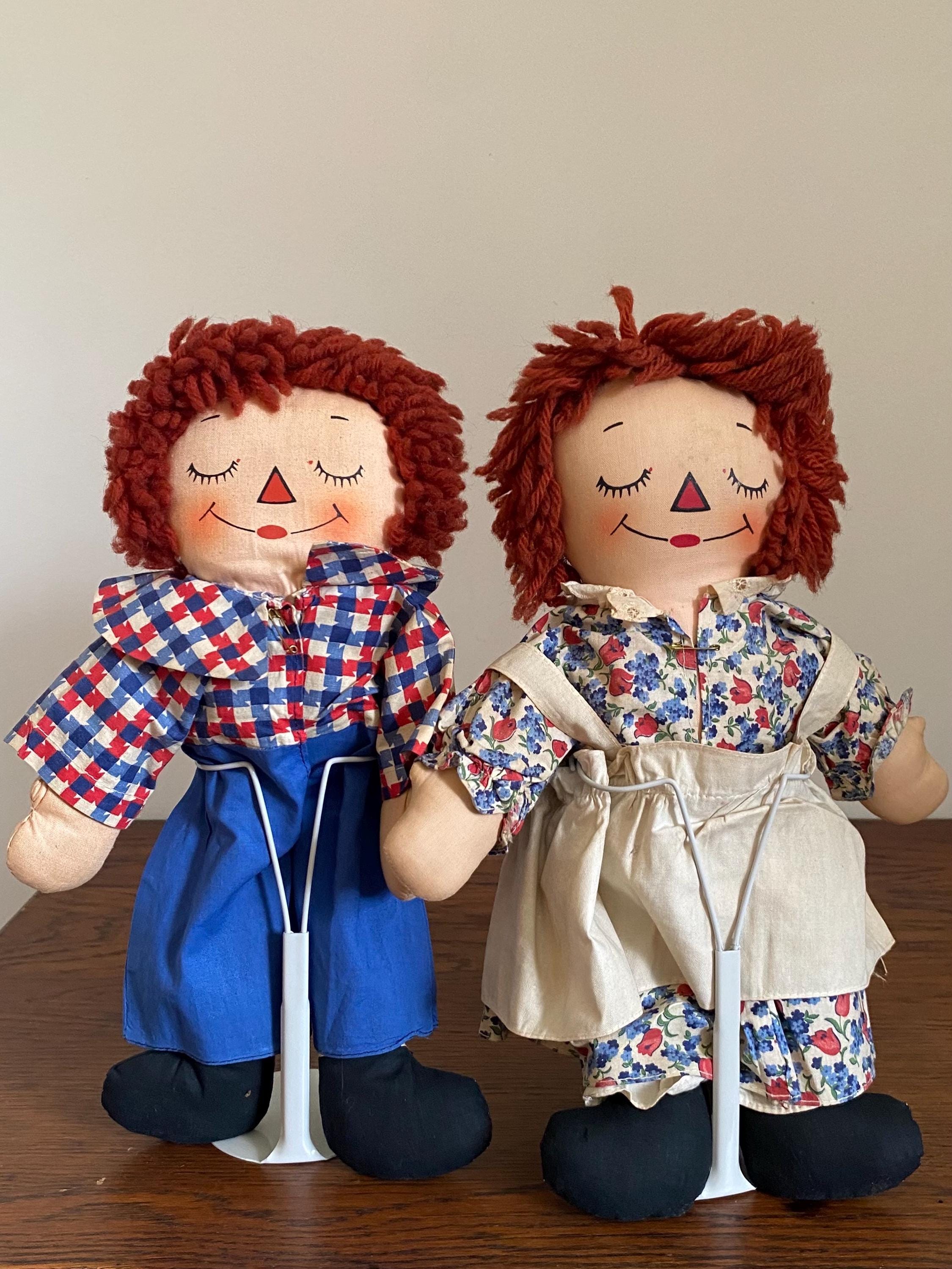 Raggedy Ann and Andy Asleep Awake Cloth Dolls, RARER PAIR Black