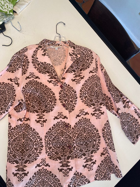 Connie Roberson Linen Ladies Blouse/Pink and Brow… - image 1