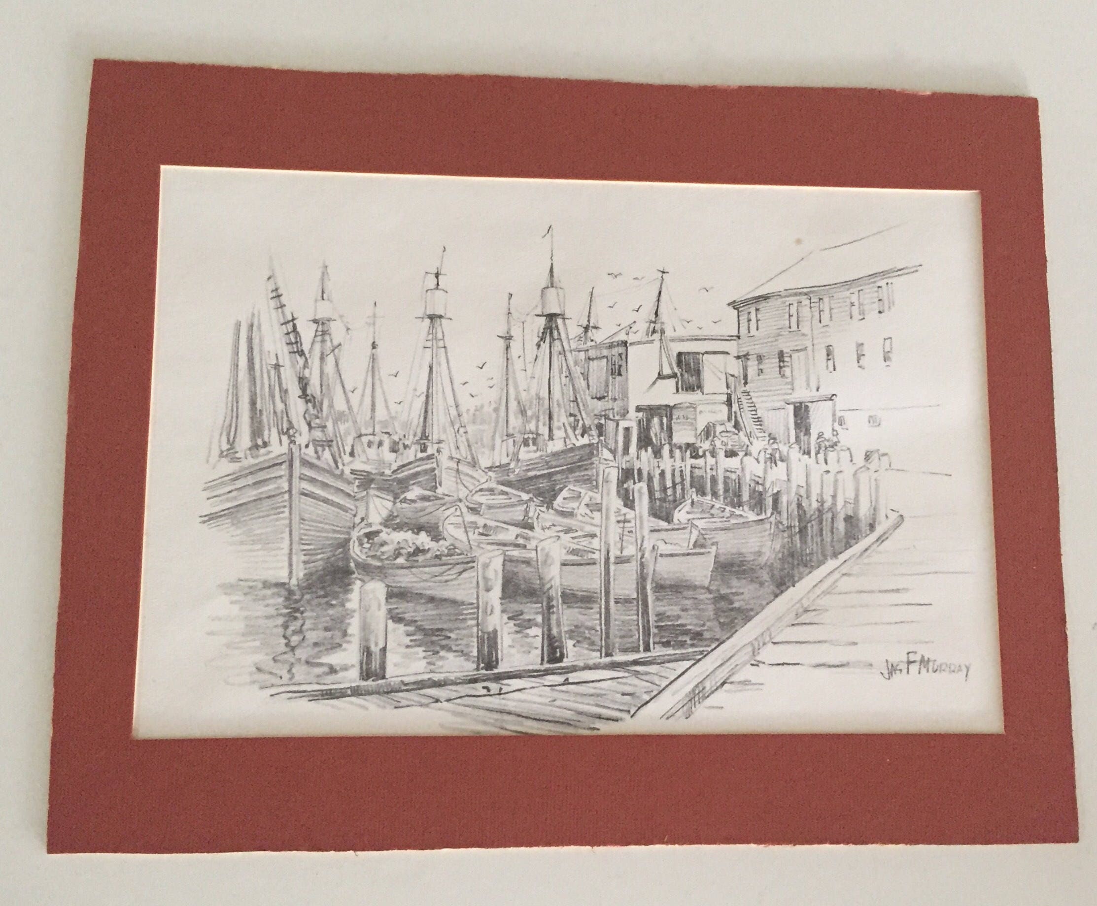 Jas F Murray Pencil Etching Wooden Frame/James Francis Murray New England Waterfront Drawing/Listed Artist/ By Gatormom13