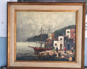Mid Century Original Oil Painting /Made in Spain/Harbor Scene Painting/ By Gatormom13