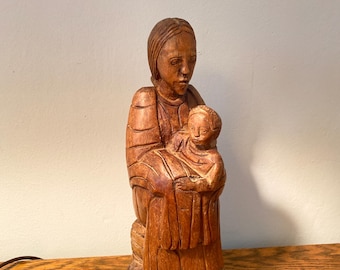 Vintage Hand Carved Wood Sculpture, Mother and Child Folk Art, Primitive Sculpture, By Gatormom13