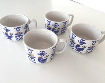 GETTYSBURG Avant Garde Japan Mugs/Dutch Birds Hearts Folk Art Japanese Stoneware Soup Mug/Japanese Stoneware Mugs/FOUR Total/ By Gatormom13