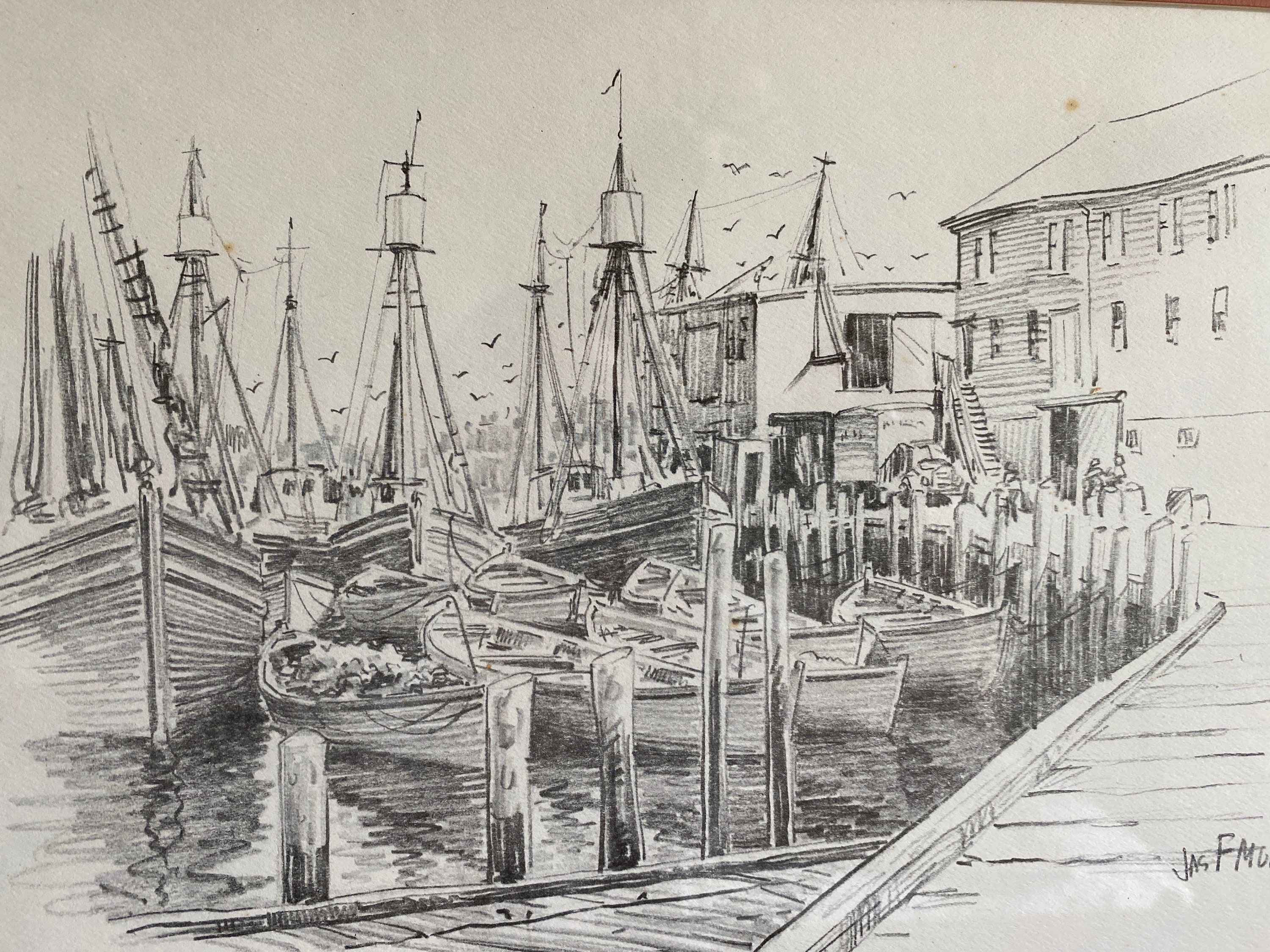 Jas F Murray Pencil Etching, New England Waterfront, Wooden Frame, By Gatormom13